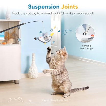 Petbobi Flapping Bird Cat Toys - Interactive Cat Toy with Flapping Wings(No-Flying) and Chirp Tweet, Rechargeable Motion-Activated Catnip Seagull Toys for All Breeds Kittens - color: Grey