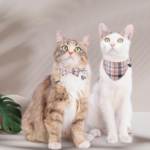 SCENEREAL Plaid Cat Collar with Bow Bandana - 2 Pack Breakaway Kitten Collar with Removable Bowtie Bell, Adjustable Cute Cat Collar for Cats Kittens, Beige - color: Bandanas & Bow (Plaid - Beige)