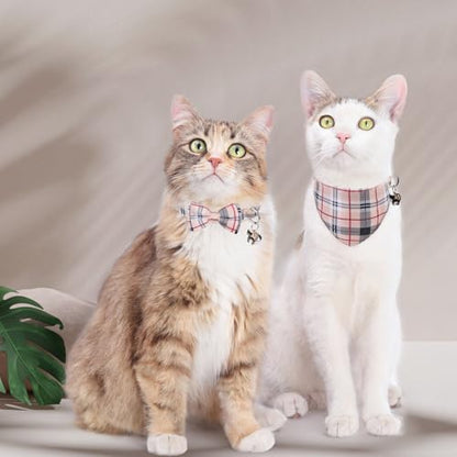SCENEREAL Plaid Cat Collar with Bow Bandana - 2 Pack Breakaway Kitten Collar with Removable Bowtie Bell, Adjustable Cute Cat Collar for Cats Kittens, Beige - color: Bandanas & Bow (Plaid - Beige)