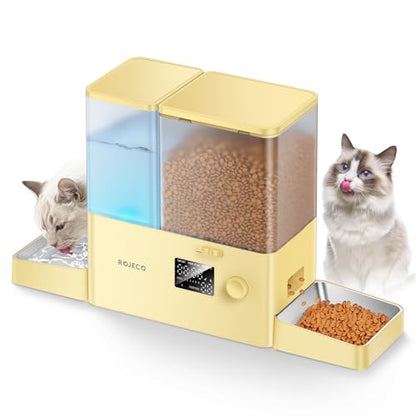 Rojeco 36Cups/8.5L Pet Automatic Cat Feeder and Gravity Water Dispenser,Stainless Steel Bowls 2-in-1 Set Large Capacity 5L Food Feeder and 3.5L Water Fountain for Cats,Pets,Small Dogs,Yellow - color: Yellow, size: 8.5L-Standard