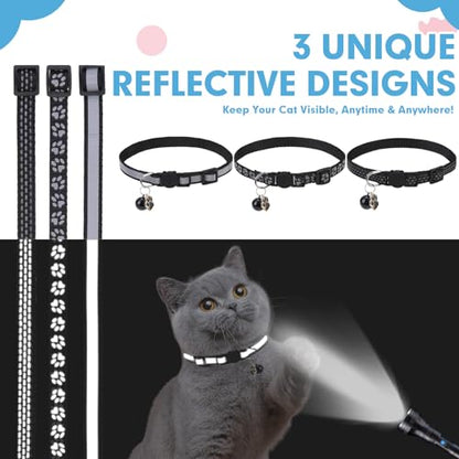 BINGPET Reflective Cat Collar Breakaway with Bells,3 Pack Kitten Collar for Girl Boy Cats with Cute Pendant Glow in The Dark,Adjustable 8''-11.8'',Black - color: Reflective(Black)-3pcs
