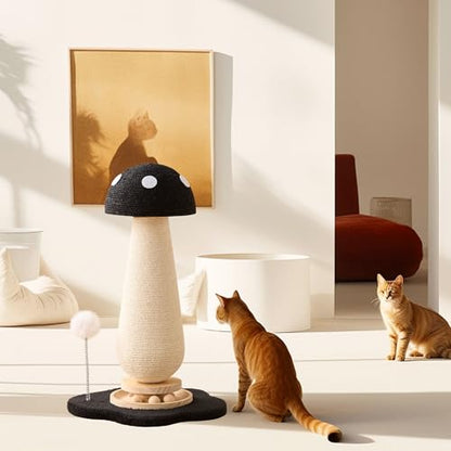 Mushroom Cat Scratching Post Cat Tree, 21.5‘’ H Cute Cat Scratcher Tower with Durable Solid Wood Turntable Toy, Solid Black Mushroom Scratch Post Cat Sisal Scratcher with Catnip for Indoor Cats - color: Black Mushroom
