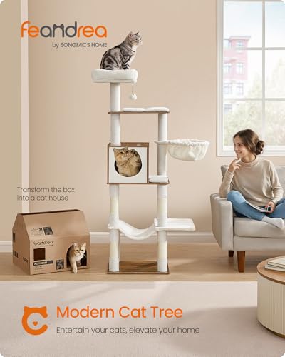 Feandrea Cat Tree, 65-Inch Tall Cat Tower, Multi-Level Condo with Cave, Basket, Hammock, Pompom, Scratching Posts, Honey Brown UPCT118K03 - color: Honey Brown