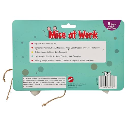SPOT Mice at Work Cat Toys, Catnip Filled Plush Mice for Indoor Cats, Lightweight Toy Mice with Career Designs, for Single or Multi Cat Homes, 3 in, 6 Count