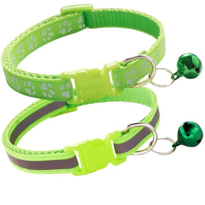 Green XS Dog Collar with Bell, 2-Pack Paw Print & Reflective Strip Nylon Cat Collar with Bells, Adjustable for Puppy XXS XS Small Dogs Male Kitten, X-Small - color: Reflective Green