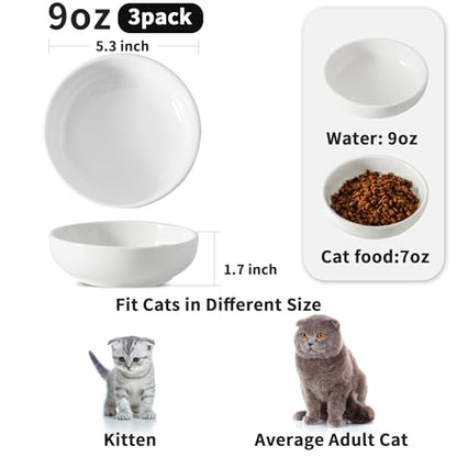 5.3 in Ceramic Cat Dishes - Shallow Food Bowls for Small Pets, 3 Pack for Food and Water -White - color: white