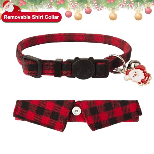 ADOGGYGO Christmas Cat Collars Breakaway with Bow Tie Bell, 2 Pack Red Green Plaid Xmas Kitten Collar with Removable Shirt Collar, Plaid Christmas Collars for Cats Kittens - color: Red&Green-3
