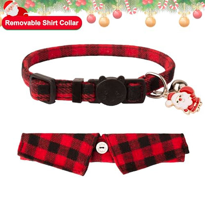 ADOGGYGO Christmas Cat Collars Breakaway with Bow Tie Bell, 2 Pack Red Green Plaid Xmas Kitten Collar with Removable Shirt Collar, Plaid Christmas Collars for Cats Kittens - color: Red&Green-3