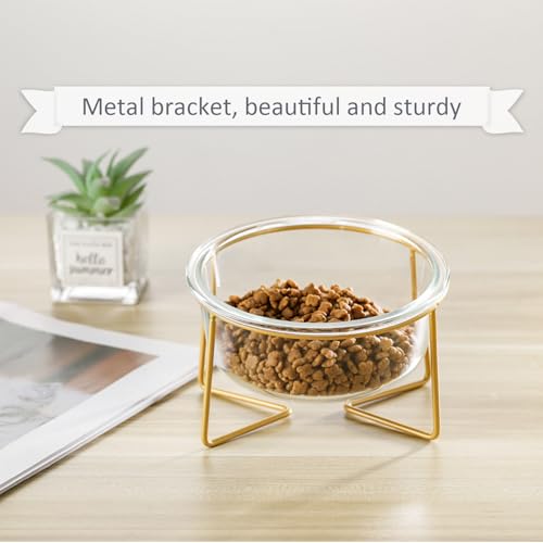 Small Glass Tilted Elevated Cat Dog Bowl Raised Cat Food Water Bowl Dish Pet Comfort Feeding Bowls with Gold Iron Stand - color: Glass, size: Small