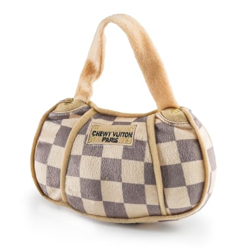 Haute Diggity Dog Chewy Vuiton Handbag Plush Squeaky Dog Toy, Soft Durable Designer-Inspired Stuffed Puppy Chew Toys for Small & Medium Dogs, Machine-Washable (Tan Checker) Large - color: Brown Handbag, size: Large