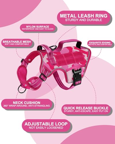 Small Dog Harness, Heavy Duty Tactical No Pull Dog Harness, No Choke, Easy On and Off Pet Vest with Molle System, Adjustable Reflective Dog Vest with Breathable Padded for Walking Hiking Training - color: Pink Camo, size: S(Neck:16-22",Chest:20-28"),18-35