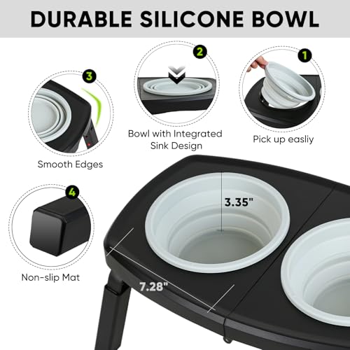 Elevated Dog Bowls Stand, 3 Height Adjustable Raised Dog Bowl with Collapsible Silicone Bowls, Non-Slip Stand for Small, Medium, Large Dogs & Pets