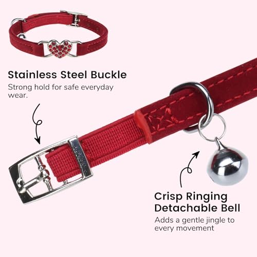 BINGPET Diamond Cat Collar,Adjustable Soft Velvet Leather Safe Kitten Collar with Crystal Heart Charm and Bells,Girl Boy Bling Stylish Cat Collars with Safety Elastic (Red, Neck Girth 8"-10" - color: Red(Heart), size: Neck Girth 8"-10"
