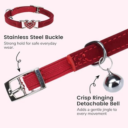 BINGPET Diamond Cat Collar,Adjustable Soft Velvet Leather Safe Kitten Collar with Crystal Heart Charm and Bells,Girl Boy Bling Stylish Cat Collars with Safety Elastic (Red, Neck Girth 8"-10" - color: Red(Heart), size: Neck Girth 8"-10"