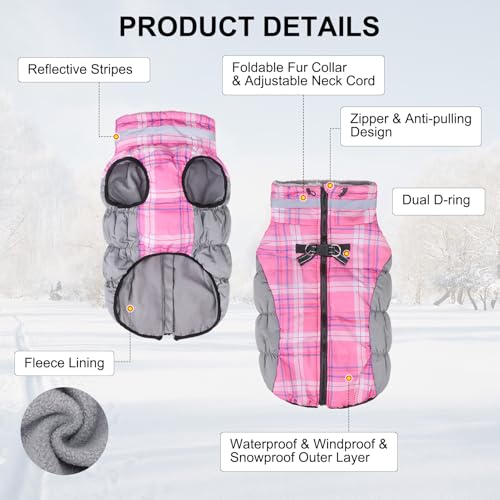 BEAUTYZOO Dog Winter Coat with Harness Built in, Reflective Plaid Puffer Vest Waterproof for X-Small Dogs, Fleece Warm Puppy Zipped Jacket with D Ring, Pet Cold Weather Sweater Clothes, Pink XS - color: Pink, size: X-Small