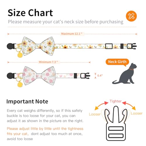 2 Pack Cotton Cat Collar with Bow Tie and Bell for Girl Boy Cats,Cute Pink Flamingo and Blue Whale Pattern Spring Summer Breakaway Cat Collar for Male Female Cats (Flower&Sunflower) - color: Flower&Sunflower