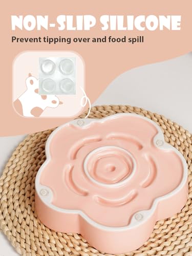 Ceramic Slow Feeder Dog Bowl, Anti-Choking Slow Food Bowls, 8" 11.3oz Slow Feeder for Medium, Large Breeds, Plum Puzzle Design, Non-Slip Silicone, Dishwasher and Microwave Safe, Pink - color: Pink