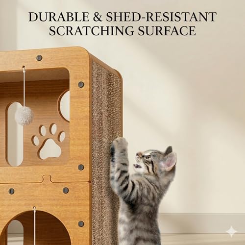2-Tier Cat Scratcher House with Cardboard Scratch Pads, Indoor Cat Condo Playhouse with Hanging Toys, Cat Hideout & Scratching Furniture for Kittens and Cats