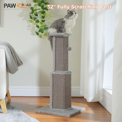 PAWZ Road Large Cat Scratching Post 32” Tall Scratching Post for Indoor Cats Adults Ultimate Scratch Post with Woven Sisal, Large Base and Removable Dangling Ball- Grey - color: Grey