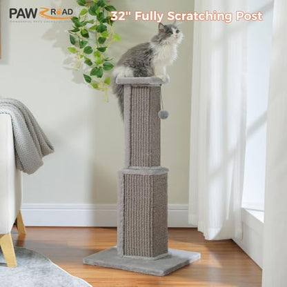 PAWZ Road Large Cat Scratching Post 32” Tall Scratching Post for Indoor Cats Adults Ultimate Scratch Post with Woven Sisal, Large Base and Removable Dangling Ball- Grey - color: Grey