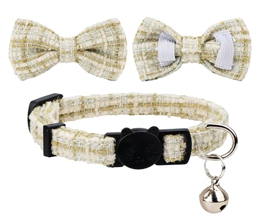 Cat Collar with Bow Tie 2pcs Set Bell Boy Girl Kitten Safety Plaid Grid Checkered Solid Color Suede Velvet Cute Soft Fluffy Gift B-[2pcs] Green - color: Style B-[2pcs] Green