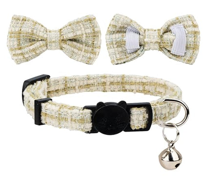 Cat Collar with Bow Tie 2pcs Set Bell Boy Girl Kitten Safety Plaid Grid Checkered Solid Color Suede Velvet Cute Soft Fluffy Gift B-[2pcs] Green - color: Style B-[2pcs] Green