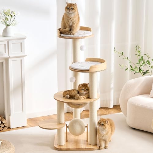 797Audio Modern Solid Wood Cat Tree Tower, 49" Tall Cat Tree with Sisal Scratching Posts for Adult Cats, Luxury Natural Oak Wooden Cat Tower,Aesthetic Multi-Level Cat Climbing Tree for Indoor Cat - color: 49 Inch-Scratch Ball