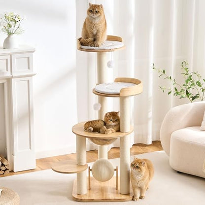797Audio Modern Solid Wood Cat Tree Tower, 49" Tall Cat Tree with Sisal Scratching Posts for Adult Cats, Luxury Natural Oak Wooden Cat Tower,Aesthetic Multi-Level Cat Climbing Tree for Indoor Cat - color: 49 Inch-Scratch Ball
