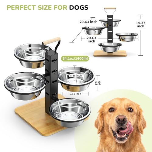 Elevated Dog Bowls Stand - 4 Heights Raised Dog Bowl Large Sized Dog - Dog Feeding Station - Dog Food and Water Bowl Set with Portable Handle - Suitable for Multi-Dog Feeding