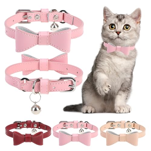 Leather Cat Collar with Bells, Cute Cat Bowtie Collar for Boy Girl Cats, Personalized Bow Tie Kitten Collars with Adjustable Safe Buckle for Kitty Small Big Cats Size 8-12 Inch, Pink - color: Pink(Bowknot), size: 8"-11" Cats / Mini Dogs(Pack of 1)