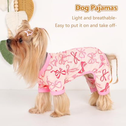 Dog Pajamas Small Sized Dogs Stretchable Summer Dog Clothes Pjs 4 Legs Girl Boy Cute Soft Puppy Outfits Doggie Cat Jammies Jumpsuit Sleeper for Pet (Bow Tie, Medium) - color: Bow Tie, size: Medium (Chest 15in )