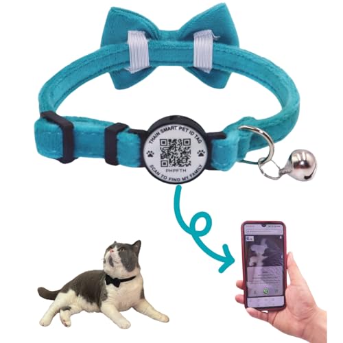 THAIN Personalized Cat Collar with Bell and Bowtie Breakaway QR Code Name Smart ID tag Quick Release Soft Comfortable Collar for Cats and Kittens (Blue) - color: Blue