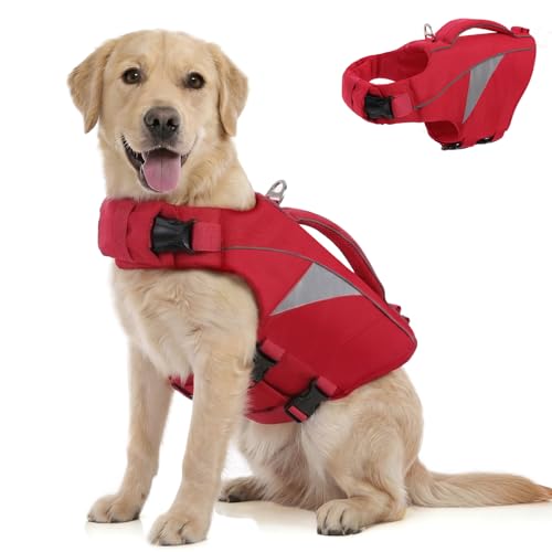 Queenmore Dog Life Jacket Large, Adjustable Dog Life Vest for Large Dogs with High Buoyancy, Pet Lifesaver Vest for Swimming Boating, Lightweight Dogs Swimming Preserver with Rescue Handle(Red,L) - color: Red, size: Large