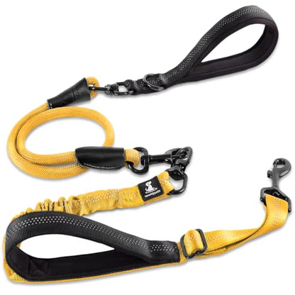 SparklyPets - Heavy Duty Bungee Rope Leash for Large and Medium Dogs - No Pull, Shock Absorber Long Dog Training Lead - No Slip Reflective Line for Outside (5.5 Ft Bungee Leash) - color: Adjustable Premium Gold