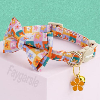 Faygarsle 2 Pack Floral Pattern Cat Collar Set with Bandana and Bow Tie, Breakaway Safety Buckle, Colorful Checkered Design - color: Colorful Plaid