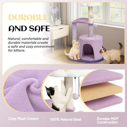 Outvita Cat Tree 33in Small Cat Tower, Multi-Level Cat Tree Tower with Cat Scratching Post and Curved Perch, Cozy Cat Condo, Padded Top Bed for Kittens and Indoor Cats, Purple - size: 33" Purple