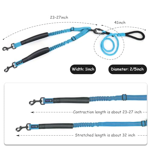 Double Dog Leash No Tangle – Dual Dog Leash for 2 Dogs with Shock Absorbing Bungee, 360° Swivel, Reflective Safety, Heavy Duty for Medium & Large Dogs (Bright Blue) - color: Bright Blue