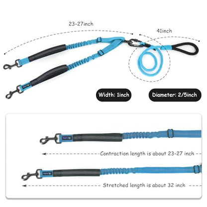 Double Dog Leash No Tangle – Dual Dog Leash for 2 Dogs with Shock Absorbing Bungee, 360° Swivel, Reflective Safety, Heavy Duty for Medium & Large Dogs (Bright Blue) - color: Bright Blue