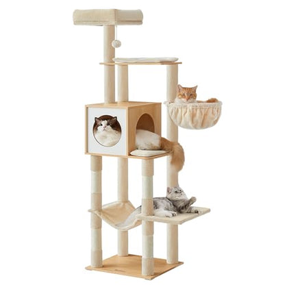 Feandrea Cat Tree, 65-Inch Tall Cat Tower, Multi-Level Condo with Cave, Basket, Hammock, Pompom, Scratching Posts, Almond Yellow UPCT118Y01 - color: Almond Yellow