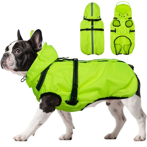 Dog Raincoats for Large Dogs with Hood, Waterproof Dog Rain Coat with Adjustable Built-in Harness & Back Zipper, Reflective Strip, for Rainy Walks, Muddy Roads - Fluorescent Green L - color: Fluorescent Green, size: Large