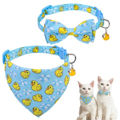 SCENEREAL Cat Collar with Bells, 2 Pack Breakaway Cat Collars with Removable Bowtie Bandana, Adjustable Cute Kitten Collar for Pet Small Dogs Boys Girls, Blue Duck - color: Bandanas & Bow (Duck - Blue)