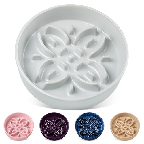 vancasso Ceramic Slow Feeder Dog Bowls, Puzzle Dog Food Bowls with Floral Maze, Anti -Slip Pet Food Dish for Medium Breed, 1.5 Cups, Grayish Cyan - color: Grayish Cyan, size: M-1.5 Cups