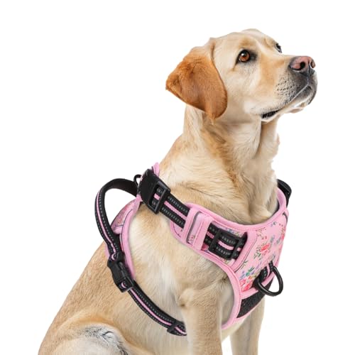 PUPTECK No Pull Tactical Dog Harness for Large, Adjustable Reflective Dog Harness with Handle Easy Control, Comfortable Soft Padded Pet Vest Harness for Large Dogs, Pink Flowers L - color: Pink Floral, size: Large