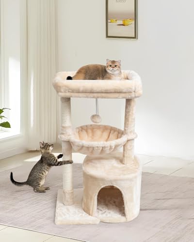SYANDLVY Small Cat Tree for Indoor Cats, Kittens Condo with Scratching Post and Board, Modern Activity Tower with Cradle, Beige - color: Beige
