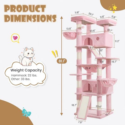 SHA CERLIN 81in Multi-Level Tall Cat Tree Tower for Indoor Kitties/Larger Cat Condo Furniture with Hammock/Cozy Pussycat Perches/Sisal Scratching Posts/Pet House/Wide Base/Pink - color: Pink