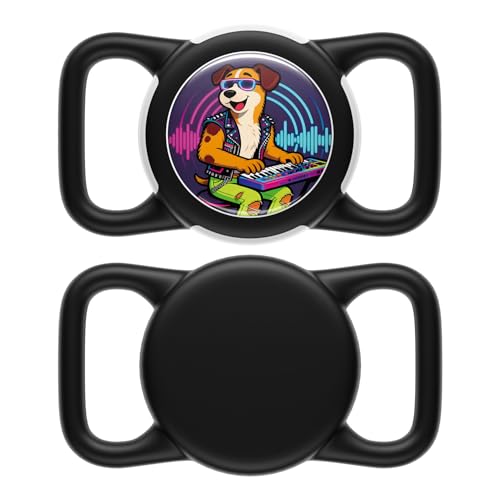 Dog AirTag Holder for Dog Collar, Soft Silicone Slide-On Case for Apple AirTag, No-Dangle Quiet Protective Holder with Eye-Catching Pet Character Designs, Party DJ - color: Black-Party DJ, size: Regular