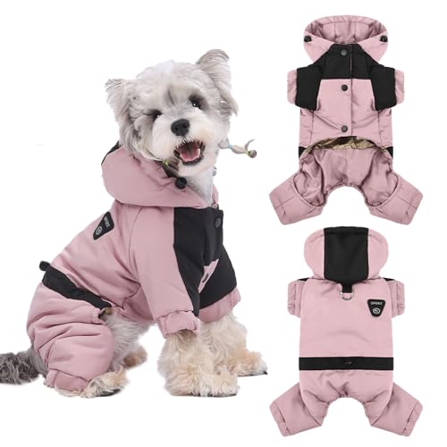 Warm Dog Coat with Hood,Waterproof Windproof Winter Full Body Dog Jacket Snowsuit,Adjustable Cold Weather Pet Clothes (Pink, L) - color: Pink, size: L