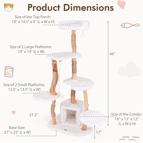 Tangkula Solid Wood Cat Tree, Modern Wooden Cat Tower with Jute Scratching Posts, Perch, Condo, Sisal Rope, Dangling Ball, Soft Long Plush, 66 Inch Tall Cat Tree Tower for Indoor Cats Large Adult - style: Round Condo