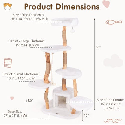 Tangkula Solid Wood Cat Tree, Modern Wooden Cat Tower with Jute Scratching Posts, Perch, Condo, Sisal Rope, Dangling Ball, Soft Long Plush, 66 Inch Tall Cat Tree Tower for Indoor Cats Large Adult - style: Round Condo