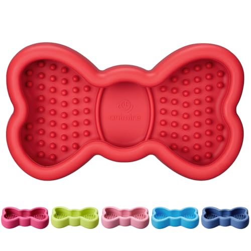 Lick Mat for Dogs, Animire Anti-Spilled Bow Tie Lick Bowls for Anxiety Relief, Silicone Slow Feeder Licking Pad with Suction Cups, Freezeable Dog Enrichment Toy for Boredom and Distraction(Red,L) - color: A-Red, size: L
